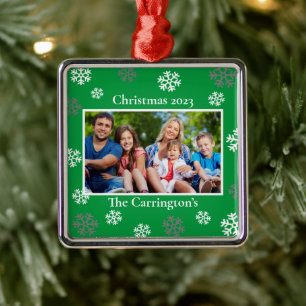 Ornement Carré Argenté Noël Photo Snowflakes Nom Date Custom Metal