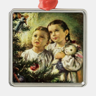 Ornement Carré Argenté Noël vintage famille frère sœur