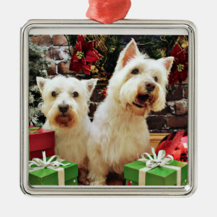Ornement Carré Argenté Noël - Westies - Bailey et Callie