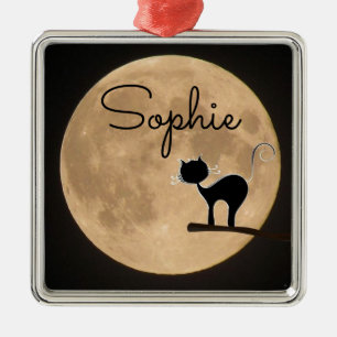 Ornement Carré Argenté Nom cadeau chat noir avec pleine lune