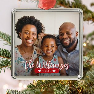 Ornement Carré Argenté Nom de famille moderne photo personnalisée