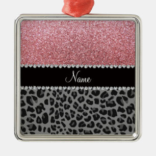 Ornement Carré Argenté Nom parties scintillant rose pastel léopard noir