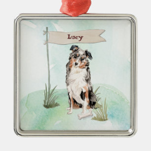 Ornement Carré Argenté Nom personnalisé Australian Shepherd Pet Dog