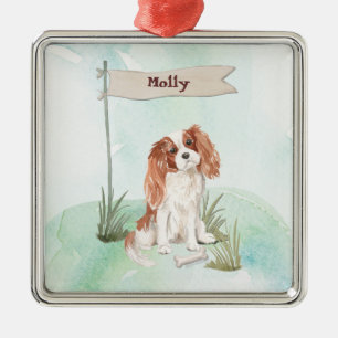 Ornement Carré Argenté Nom personnalisé Cavalier King Charles Spaniel Pet