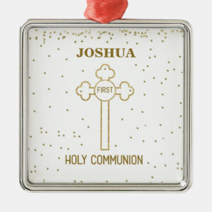 Ornement Carré Argenté Nom personnalisé Première Sainte Communion Croix d