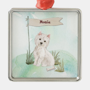 Ornement Carré Argenté Nom personnalisé Westie chien animal de compagnie
