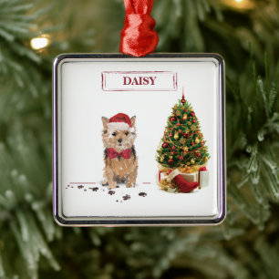 Ornement Carré Argenté Norfolk Terrier Drôle chien de Noël avec arbre