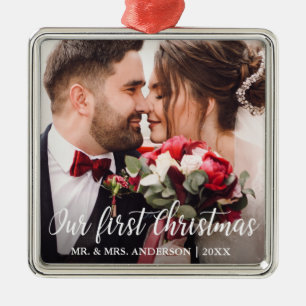 Ornement Carré Argenté Notre Première Photo De Mariage De Noël Écriture B