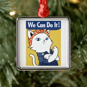 Ornement Carré Argenté Nous Pouvons Le Faire ! Chat blanc Rosie le Rivete