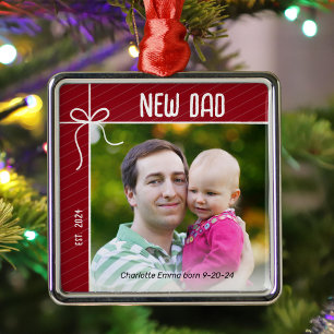 Ornement Carré Argenté Nouveau papa et bébé photo de Noël