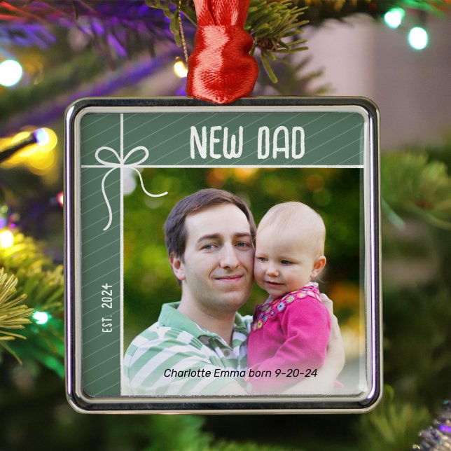 Ornement Carré Argenté Nouveau papa et bébé photo de Noël (Créateur téléchargé)