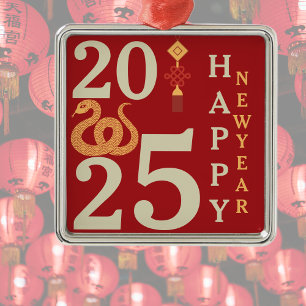 Ornement Carré Argenté Nouvel An Chinois Du Serpent Rouge Moderne 2025