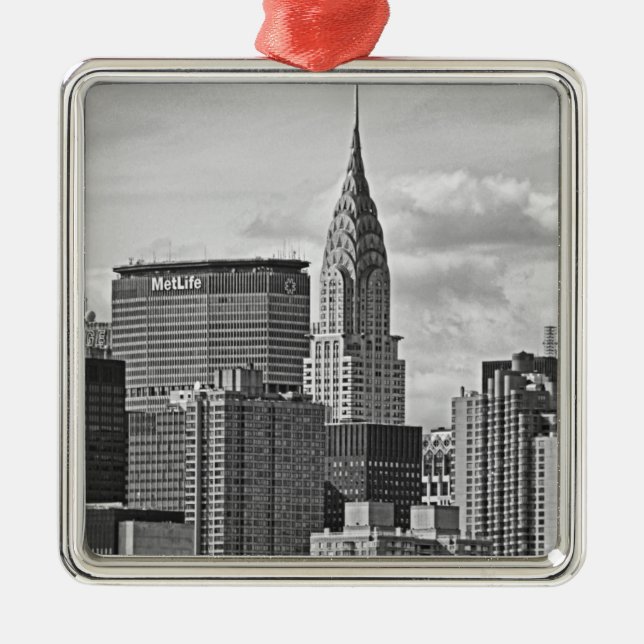 Ornement Carré Argenté NYC Skyline : Chrysler Building, Met Life BW (Devant)