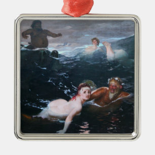 Ornement Carré Argenté Nymphes et Satyres Jouer dans les vagues