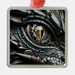 Ornement Carré Argenté Œil de dragon Steampunk en gros plan Ai Art