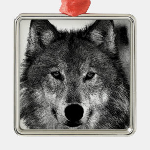 Ornement Carré Argenté Oeuvre de Loup noir et blanc