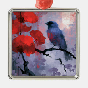 Ornement Carré Argenté Oiseau chanteur bleu avec fleurs rouges cerise