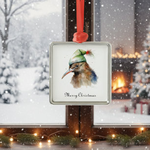 Ornement Carré Argenté Oiseau Kiwi mignon en Casquette elfe de Noël, cout