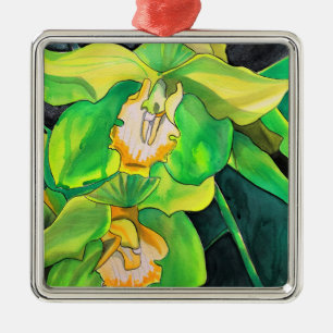 Ornement Carré Argenté Orchidée verte aquarelle
