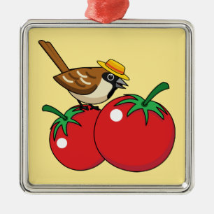 Ornement Carré Argenté Organic lover Sparrow Eating Red Tomato