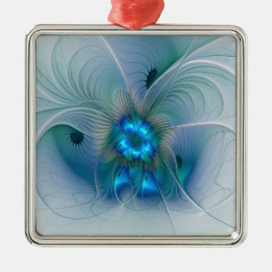 Ornement Carré Argenté Ovations debout, fractale bleue turquoise abstrait