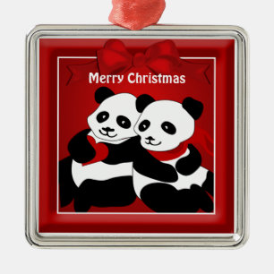 Ornement Carré Argenté Panda Bear Love Couple Christmas