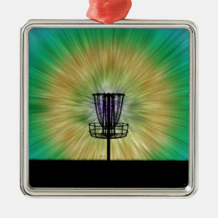 Ornement Carré Argenté Panier de golf de Tie Dye Disk