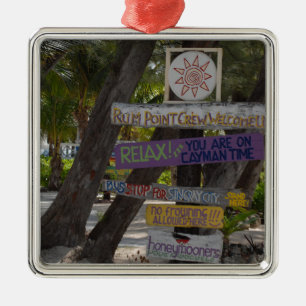 Ornement Carré Argenté Panneau indicateur Rum Point Grand Cayman