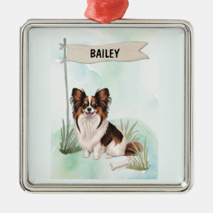 Ornement Carré Argenté Papillon Aquarelle Chien Personnalisé