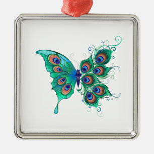 Ornement Carré Argenté Papillon aux plumes de paon vert