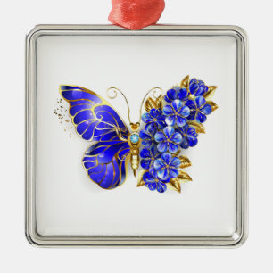 Ornement Carré Argenté Papillon saphir à fleurs