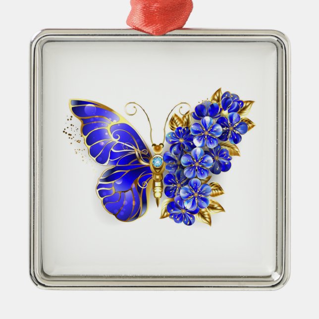 Ornement Carré Argenté Papillon saphir à fleurs (Devant)
