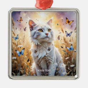 Ornement Carré Argenté Papillons de chat blanc mignon Imaginaire