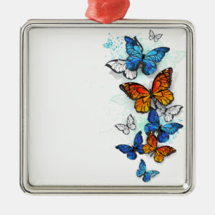 Ornement Carré Argenté Papillons volants Morpho et Monarch