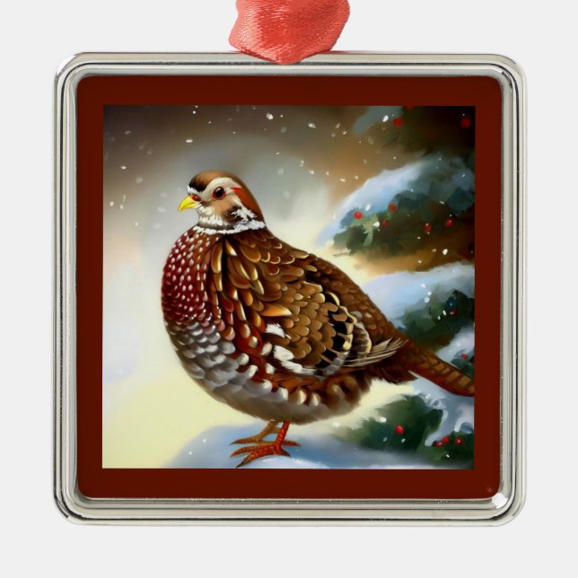 Ornement Carré Argenté Partridge de Noël 1 (Devant)