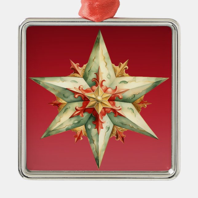 ORNEMENT CARRÉ ARGENTÉ PASTEL ROUGE VERT OR POINTÉ NOËL STAR (Devant)