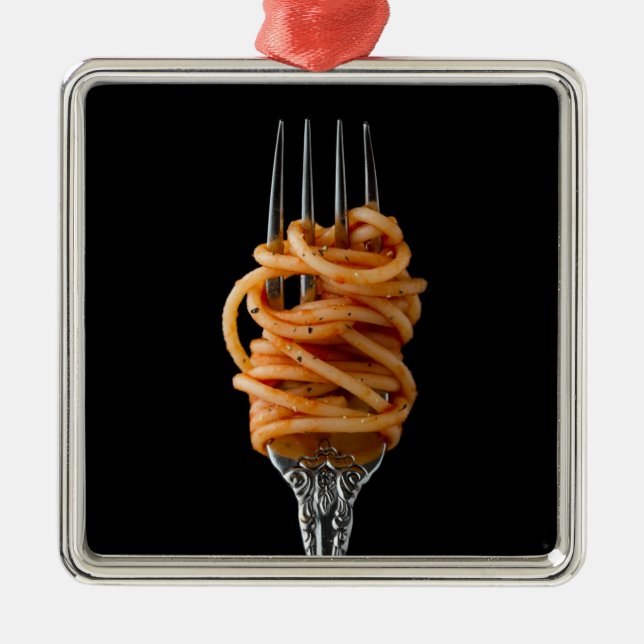 Ornement Carré Argenté Pâtes filées sur une Fourche, Spaghetti alimentair (Devant)
