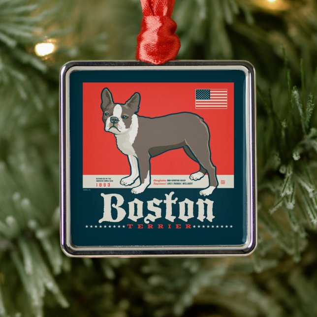 Ornement Carré Argenté Patriotique | Boston Terrier (Arbre)