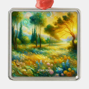 Ornement Carré Argenté Paysage Abstrait d'Arbres Mignons Fantastiques