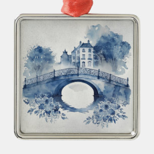 Ornement Carré Argenté Paysage de style Delft bleu et blanc