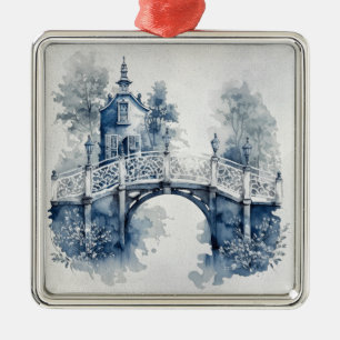 Ornement Carré Argenté Paysage de style Delft bleu et blanc