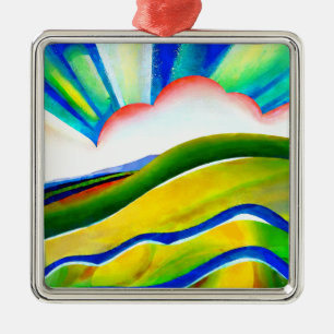 Ornement Carré Argenté Paysage de Sunburst Rainbow