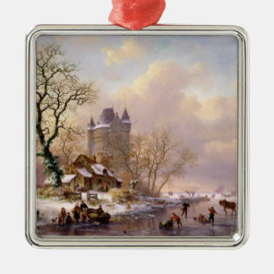 Ornement Carré Argenté Paysage d'hiver avec un château