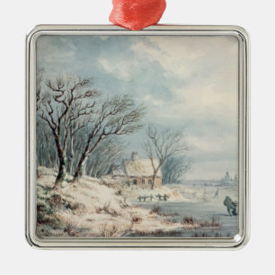 Ornement Carré Argenté Paysage : Hiver