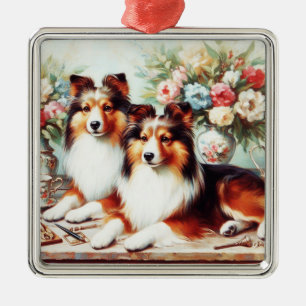 Ornement Carré Argenté Peinture à l'huile de Chiens Cute Retro