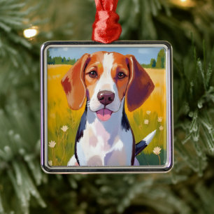 Ornement Carré Argenté Peinture aquarelle de chien Beagle