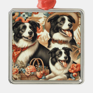 Ornement Carré Argenté Peinture Collie vintage