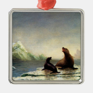Ornement Carré Argenté Peinture d'Albert Bierstadt, Phoques,