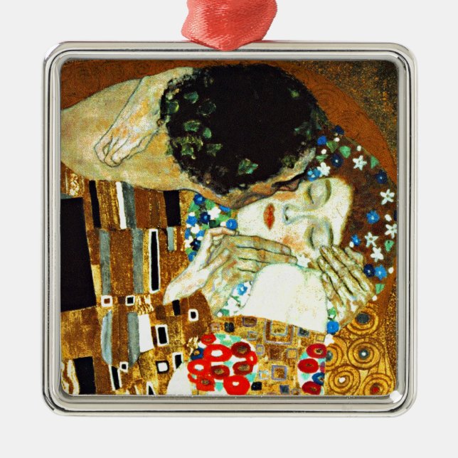 Ornement Carré Argenté Peinture Gustav Klimt, The Kiss, (Devant)