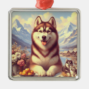 Ornement Carré Argenté Peinture rétro Sibérienne Husky